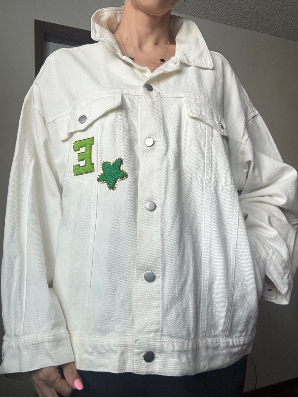 emery park oversized white denim jacket coach varsity patches women’s l y2k